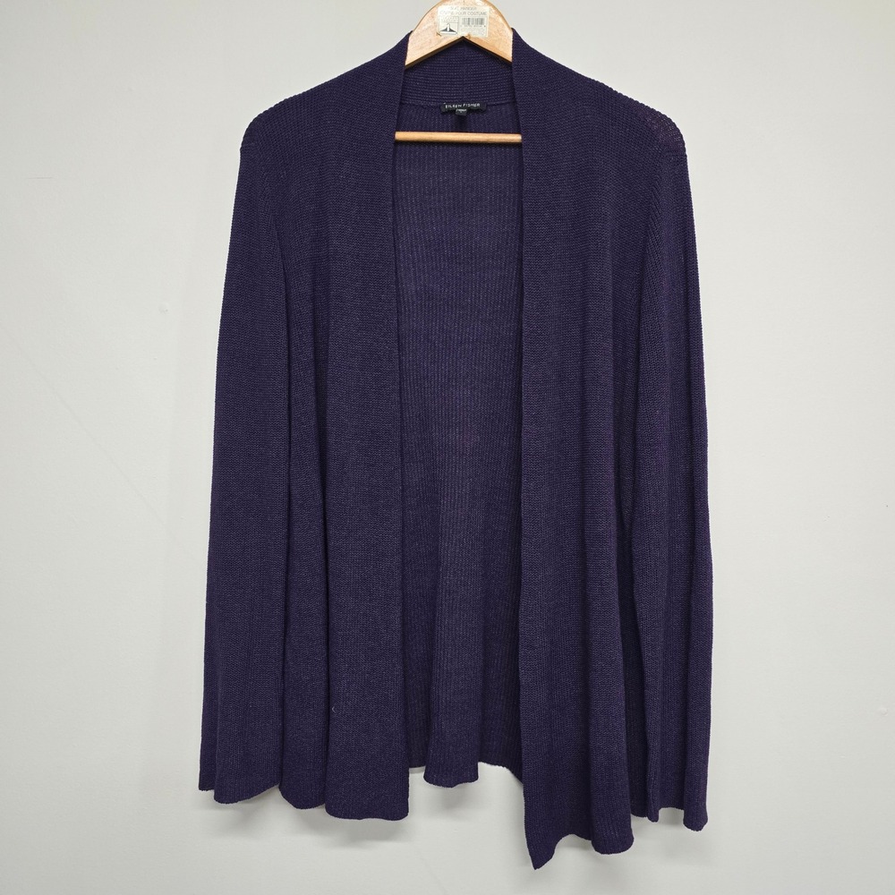 Eileen Fisher Cardigan Women L Purple Cotton Silk Open Front Knit Minimalist